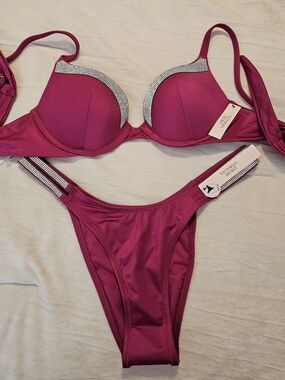 New With Tags Victoria's Secret Fuchsia Rhinestone Trim Push-Up Bra & Bikini Set